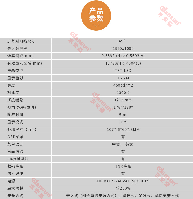 三星LG原裝49寸液晶拼接屏工業(yè)級拼縫監(jiān)控顯示電視墻產(chǎn)品參數(shù)